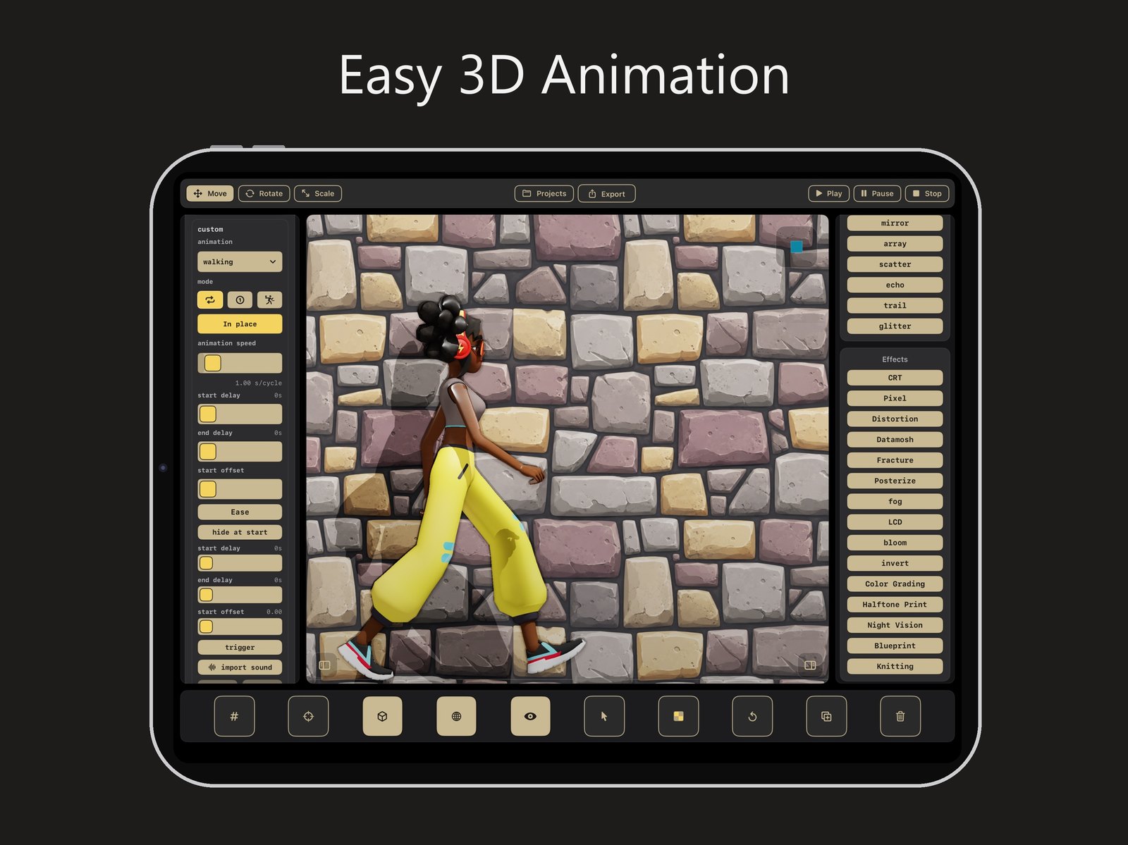 Easy 3D Animation: Animate Some on iPad Pro, with an imported character walking in front of a stone wall