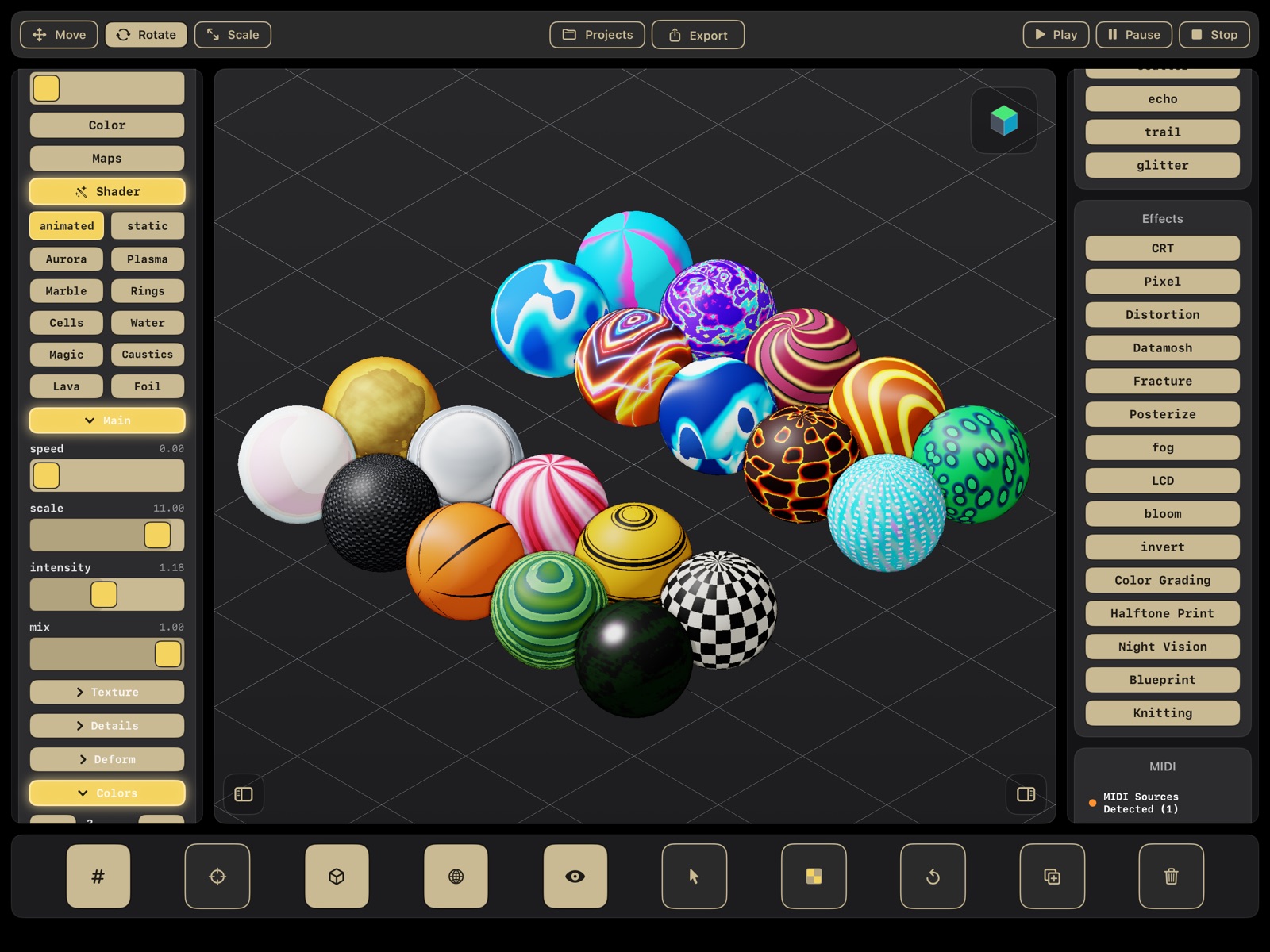 Animate Some on iPad: a grid of spheres with animated shaders like Aurora, Plasma, Lava and Marble, with the Effects panel open