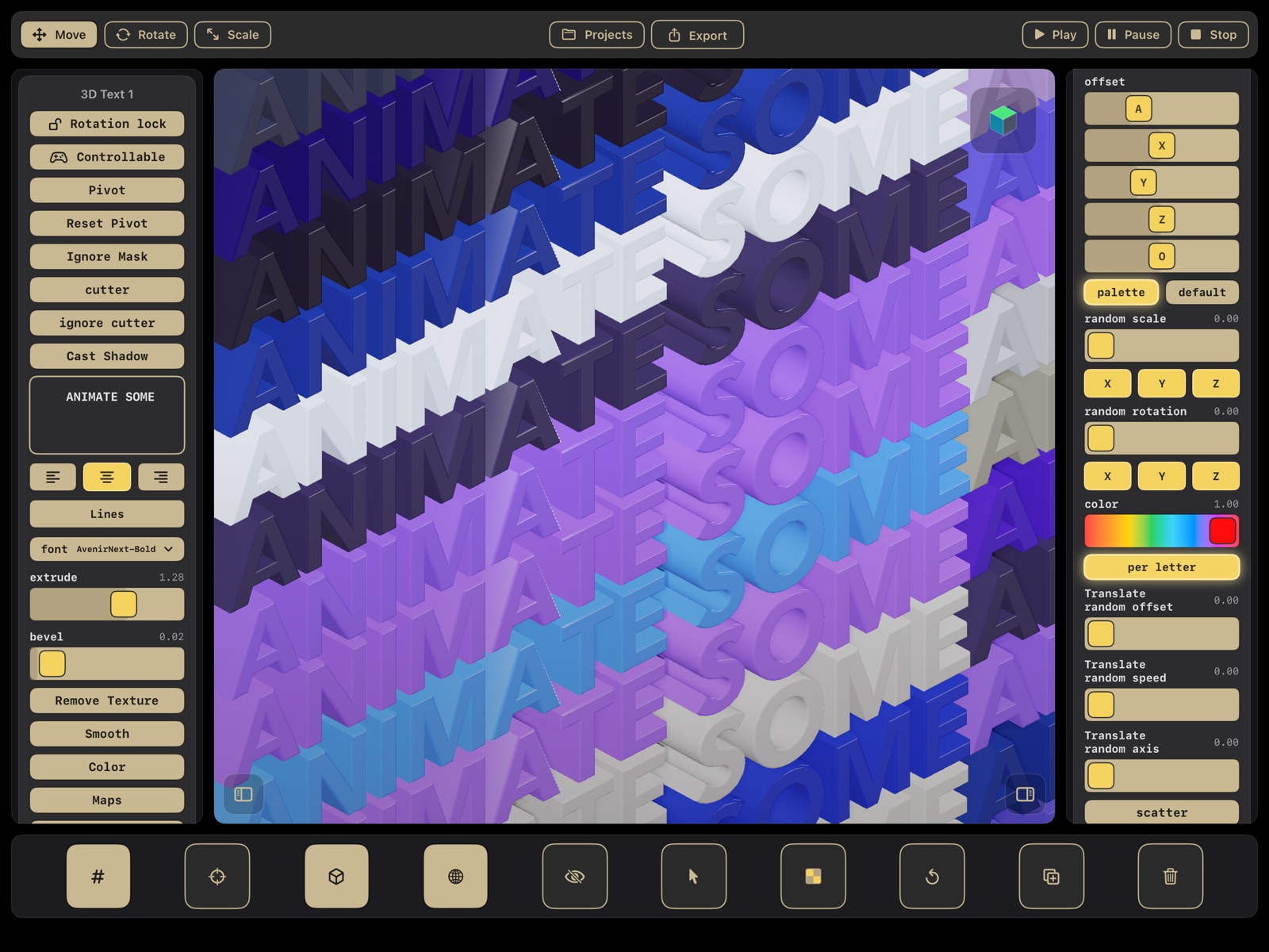 Extruded 3D text reading ANIMATE SOME, repeated with an array modifier in blues and purples