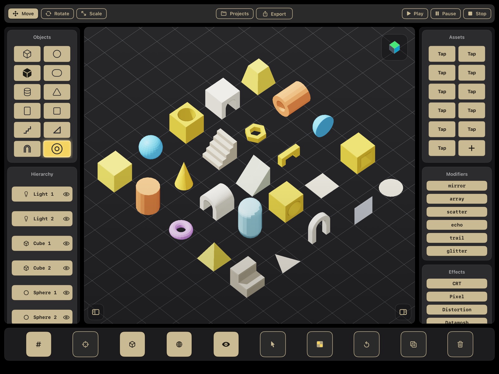 Premade objects: cubes, cylinders, arches, stairs, a torus and more on an isometric grid, with the Objects and Hierarchy panels