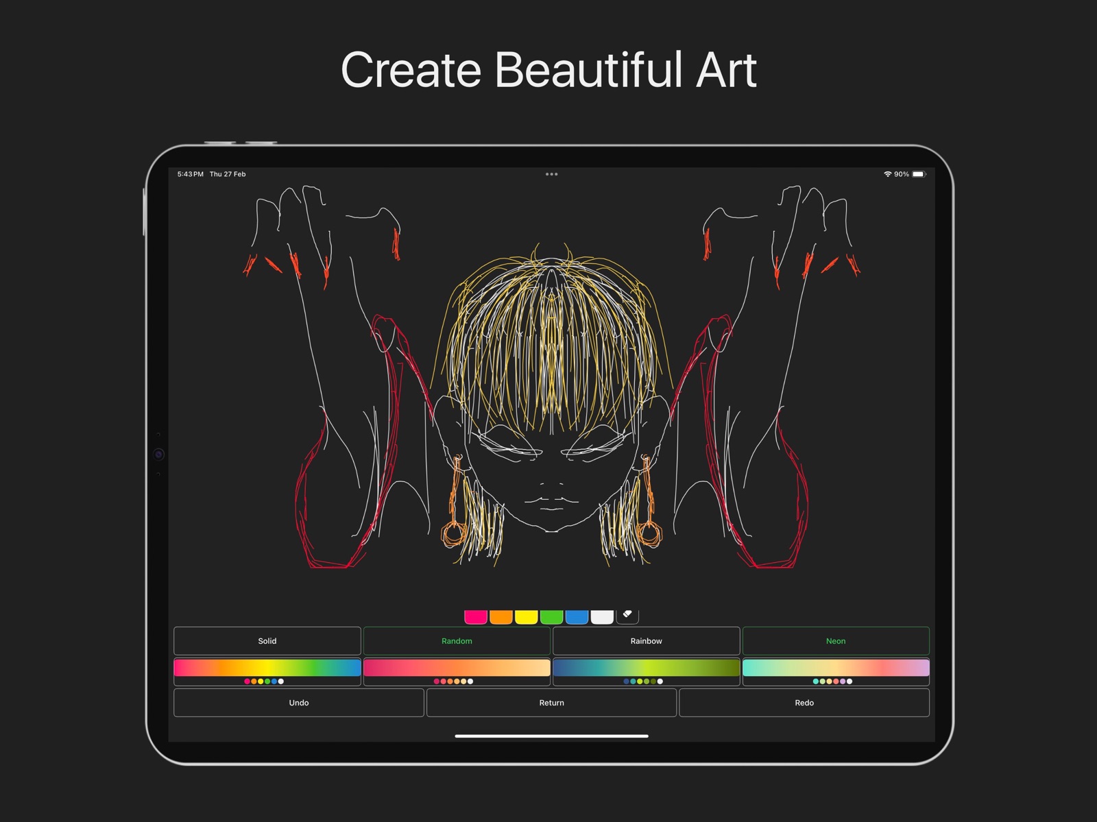 HueG on iPad: a mirrored line drawing of a face and raised arms in white, gold and red