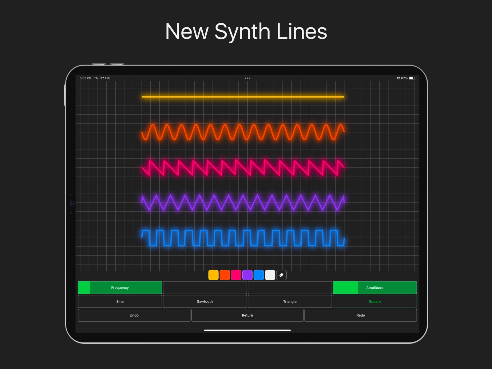 HueG on iPad: glowing synth lines on a grid