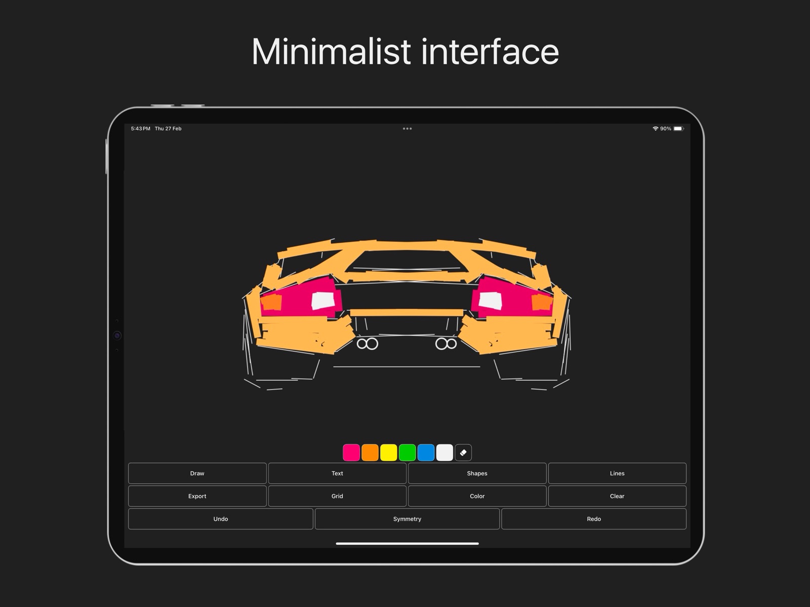 HueG on iPad: a sports car drawn in orange, pink and white, with the main buttons below