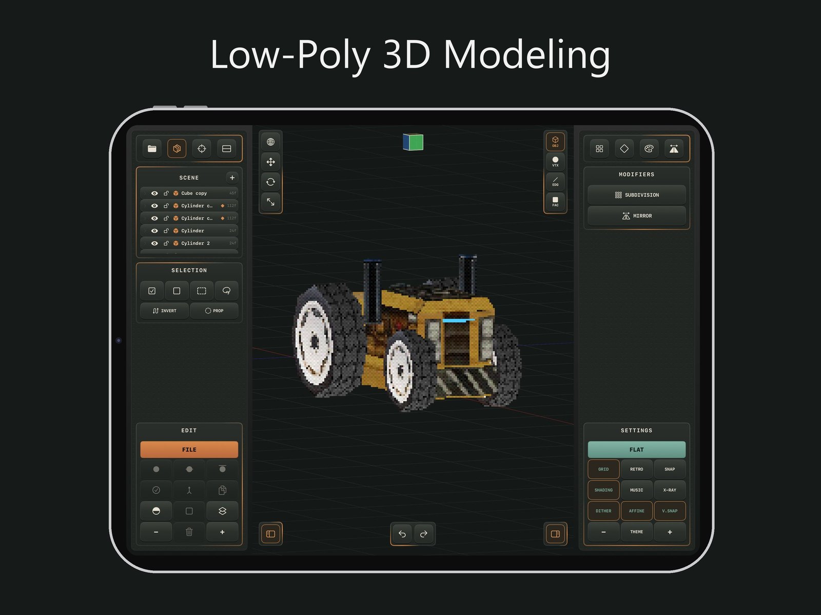 Low-Poly 3D Modeling: PolyNest on iPad Pro, with a textured low-poly tractor in the editor